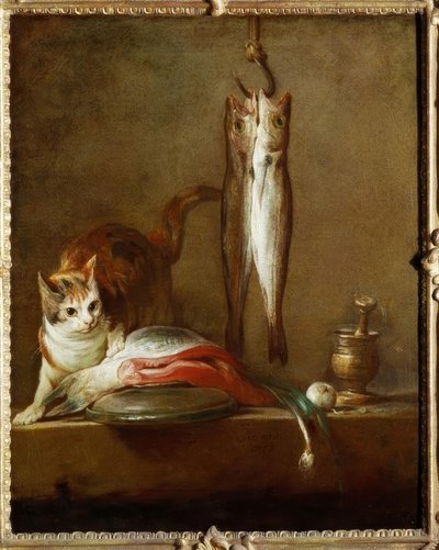 Cat with Salmon Slice, Two Mackerels, Mortar and Pestle by Jean Baptiste Simeon Chardin